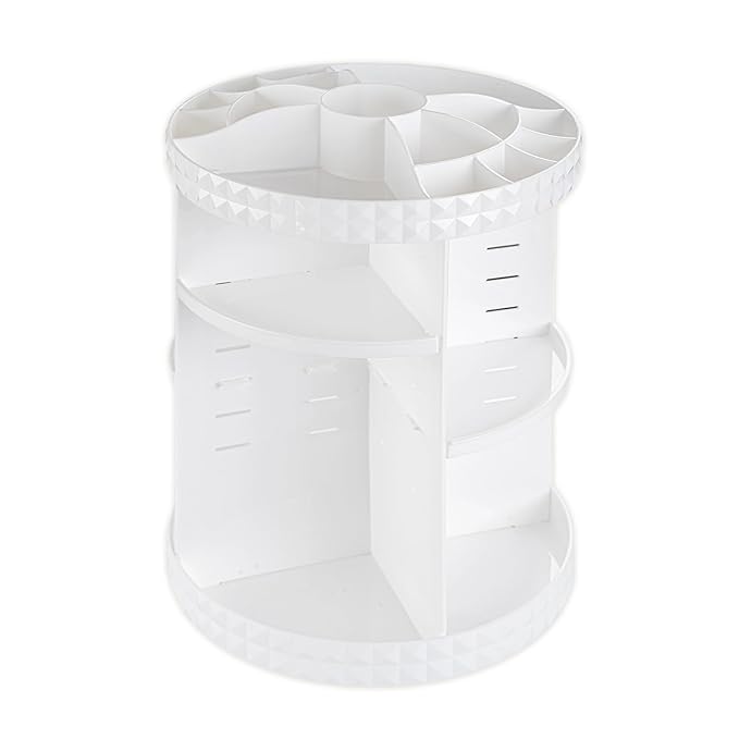 V-HANVER 360 Rotating Makeup Organizer Perfume Organizer White Cosmetic Storage Display Case Large Capacity Acrylic Beauty Holder Adjustable Partition Height for Bedroom Dresser or Bathroom Vanity