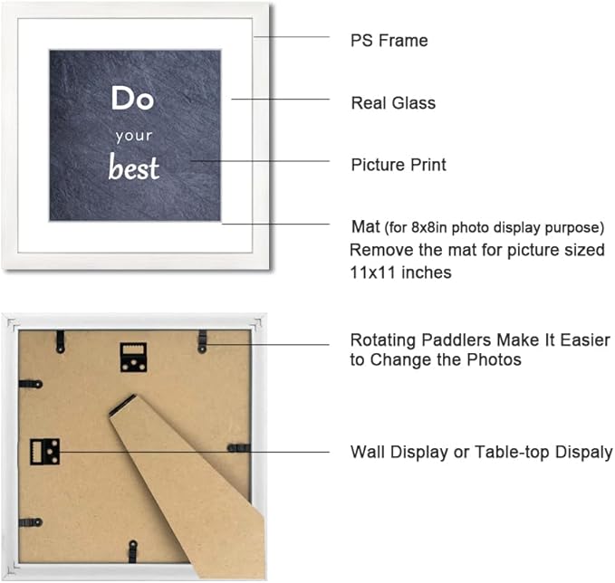 11x11 Picture Frame Set of 3 with Real Glass for Pictures 8x8 with Mat or 11x11 Without Mat, Wall Gallery or Tabletop display Photo Frames in White