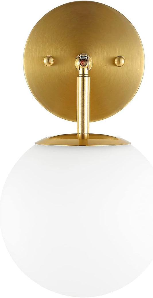 Modern Wall Sconce Industrial Mid Century Bathroom Vanity Wall Light with White Globe Glass Lampshade Brushed Brass Finished Lighting Fixture (Gold Color)