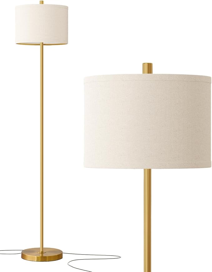 Oneach 61” Modern Floor Lamp for Living Room, Gold Standing Lamp with Natural Linen Lampshade, Rustic Industrial Corner Floor Lamp with Rotary Switch for Bedroom, Study Room, Dining Room