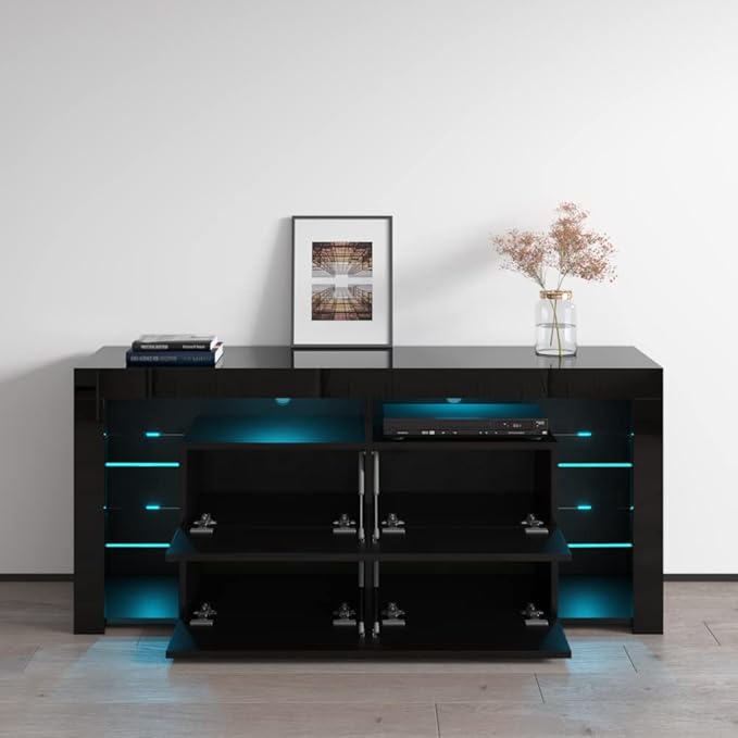 Meble Furniture Minelli 61" TV Stand with LED Light System - Modern TV Stand with Storage Cabinets - LED TV Stand for Living Room - Media Entertainment Center Console Table for TVs up to 70'' - Black
