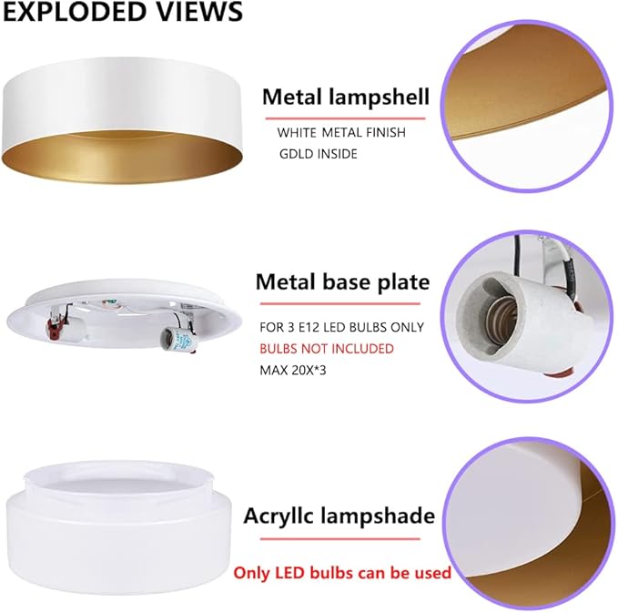 Modern Flush Mount Ceiling Light,Minimalist Close to Ceiling Lighting Fixture,White and Gold Flush Mount Light Fixture forBedroom,Entry, Hallway,Balcony, Bathroom (16.5'')