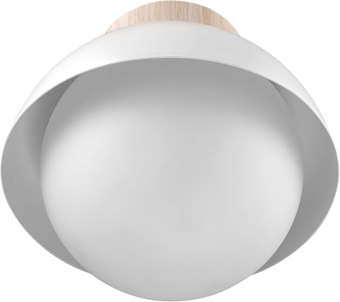 GLOBE Electric Oswald 1-Light Flush Mount, Matte White, Faux Wood Accent Canopy, Frosted Glass Shade, Bulb Not Included
