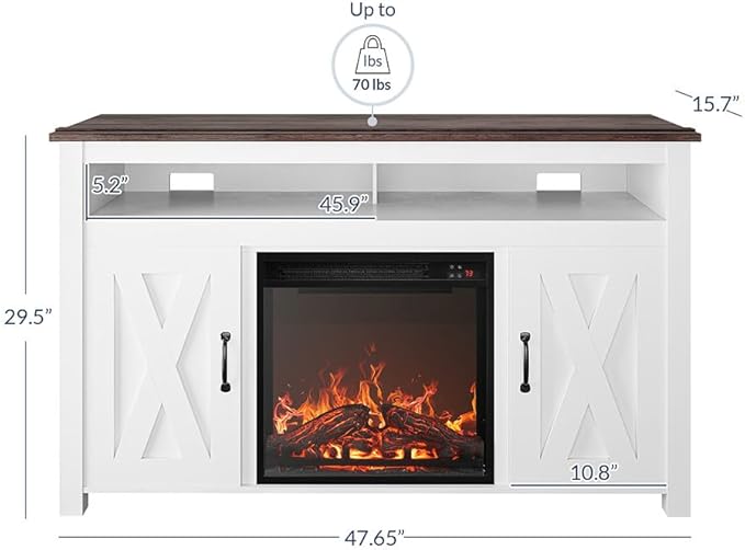 BELLEZE Modern 48" Barn Door Wood TV Stand with 18" Electric Fireplace Heater & Media Entertainment Center Console Table for TV up to 50" with Two Open Shelves and Cabinets - Corin (White)