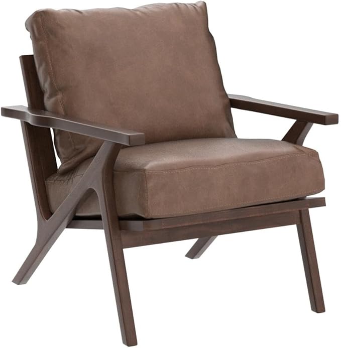Wahson Brown Leather Accent Chair - Mid Century Modern Retro Upholstered Armchair with Wood Frame and Removable PU Cushions - Large Compfy Leisure Slipper Chair for Living Room/Bedroom (Set of 2)