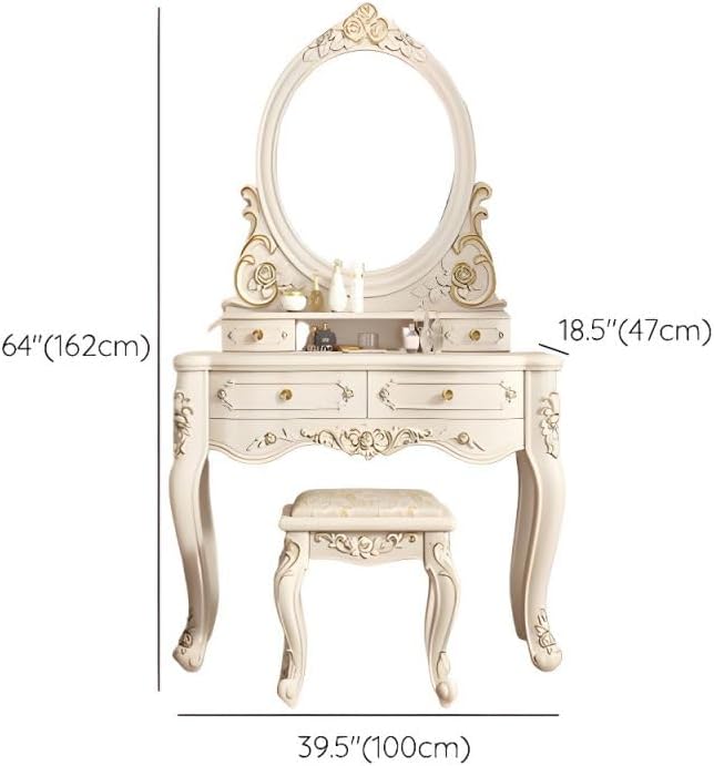 CraftThink Modern Makeup Vanity Set, Bedroom Makeup Vanity Desk Wood Vanity Dressing Table for Bedroom, Makeup Vanity & Mirror & Stools Oval 39" L x 19" W x 64" H