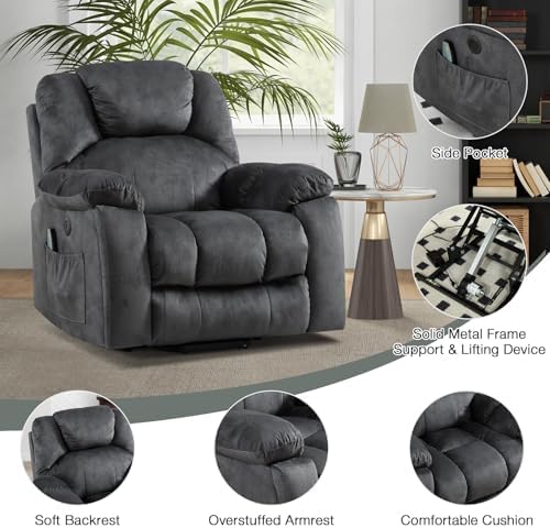 Phoenix Home Large Power Lift Recliner with Massage and Heat for Elderly, Electric Chair with USB Port, 2 Hidden Cup Holders, Dark Grey