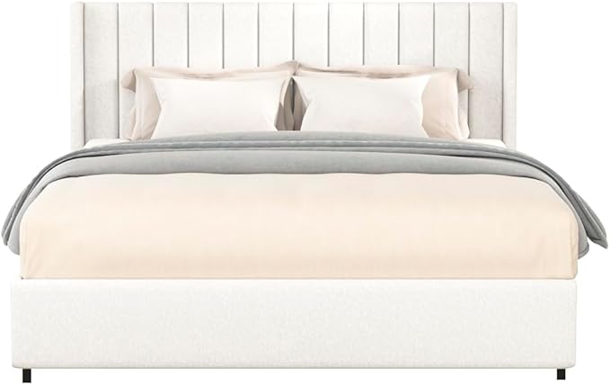 GDFStudio Upholstered Bed with Storage,Queen Size Platform Bed Frame with 2 Drawers Tufted Headboard, Wooden Slat Mattress Support No Box Spring Required Easy Assembly, Ivory Boucle