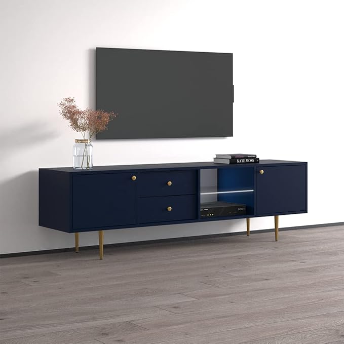 Meble Furniture Rose 01 TV Stand - Floor Standing Modern Rectangular TV Stand with Storage Cabinets - Media Entertainment Center Console Table for TV Up to 80" - Blue
