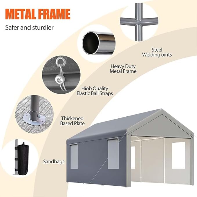 Carport, 10x20 ft Grey Heavy Duty Carport with Roll-up Windows, Portable Garage with Removable Sidewalls & Doors, Car Canopy and All-Season Tarp for Car Boat Truck Motorcycle