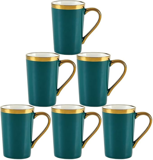 Coffee Mugs,12OZ Ceramic Coffee Mugs Set of 6,Cups with Large Handles for Men Women, Porcelain Big Mug for Tea Latte, Housewarming Wedding Gifts(green and gold)