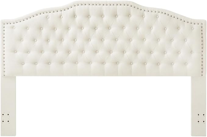 24KF Upholstered Button Tufted King Size Headboard with Nailhead Trim, Elegant Boucle Fabric California King headboard, 6031-K-Boucle-Ivory