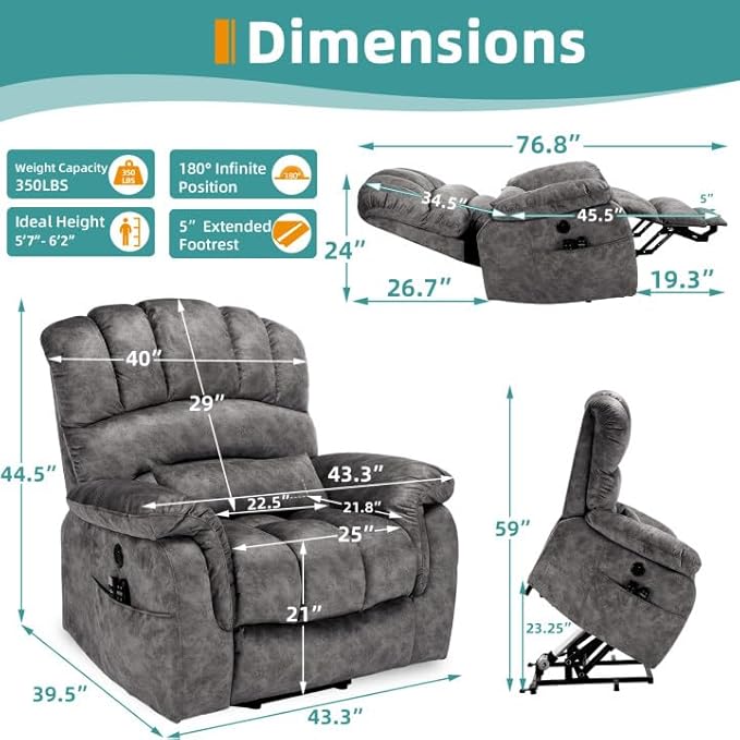 MEETWARM Large Dual Motor Power Lift Chair with Extended Footrest for Big Tall Elderly, Infinite Position Lay Flat Lift Electric Recliner, Heat Massage, Lumbar Pillow, USB & Type-C Ports, Plush Gray