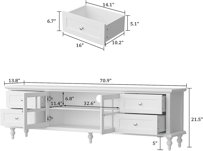 70.9" W Vintage TV Stand with Glass Doors for Televisions up to 75", Modern Entertainment Center Media Console Table with Drawers & Carved Legs for Living Room & Home Theater, White