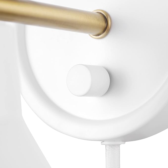 GLOBE Electric 65542 1-Light Plug-in or Hardwire Wall Sconce, Matte White, Brass Accent, Stepless Dimming Rotary Switch, Fabric Cord, Modern Lighting for Apartment or Renters, Home Decor