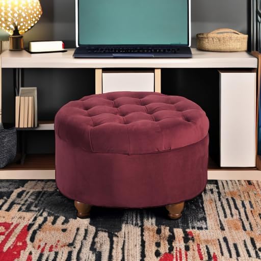 Homepop Home Decor |N8264-B119 | Large Button Tufted Velvet Round Storage Ottoman | Ottoman with Storage for Living Room & Bedroom, Berry