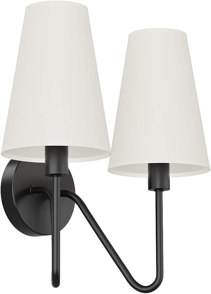 Electro bp;Double Head Classic 2 Lights Wall Sconces Lighting Fixture Black with Cream White Linen Fabric Lamp Shades E12 80W Hardwired;