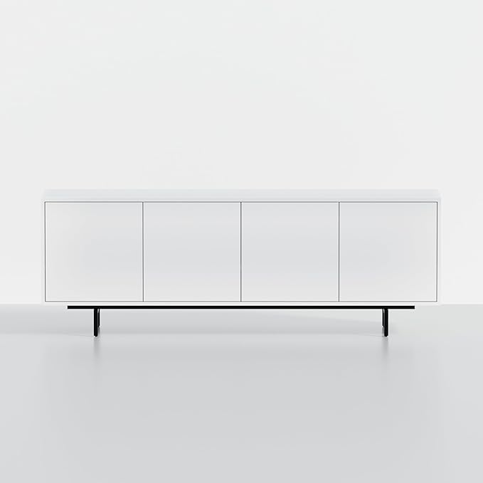 Norrhaus 75" x 26" 4-Door TV Stand in White - Modern TV Console Made from Quality Engineered Hardwood with Water Resistant Melamine Veneer - No Tools Frame Assembly