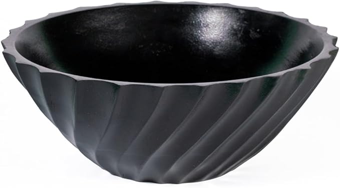 Folkulture Black Ribbed Salad Bowl | 11” Large Mango Wood Serving Bowl | Modern Wooden Bowl for Salad, Fruit & Pasta | Kitchen Island & Dining Table Décor