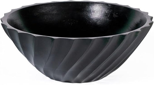 Folkulture Black Ribbed Salad Bowl | 11” Large Mango Wood Serving Bowl | Modern Wooden Bowl for Salad, Fruit & Pasta | Kitchen Island & Dining Table Décor