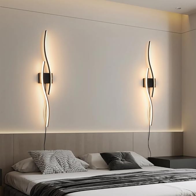 Modern Plug in Wall Sconces Set of Two, RC Dimmable LED Plug in Wall Light, Black Sconce Wall Lighting for Living Room, Hallway, Bedroom