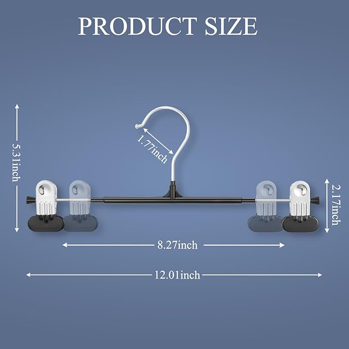 Clothes Pants Hangers with Wide Clips 20 Pack,Non-Slip Adjustable Skirt Hanger for Women,Space-Saving Heavy Duty Men Hangers for Pants,Trousers,Jeans,Shorts 12Inch Black