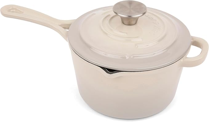 Larder & Vine Enameled Cast Iron Saucepan | 2.2 qt Sauce Pan with Lid | Saucepan with Pour Spouts | Enameled Cast Iron Pot Compatible on All Cooktops & Oven Safe to 500° F | Stone