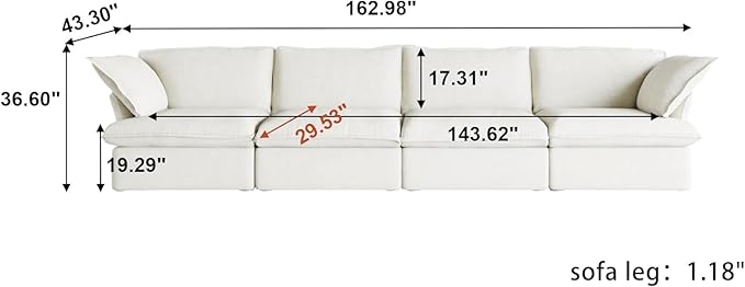 JACH 162" Cloud Sectional Couches for Living Room, Modular Sectional Sofa, Down Fill Couch Sectional, Cushion Covers Removable, Deep Seat Sofas for Living Room (4 Seats, White)