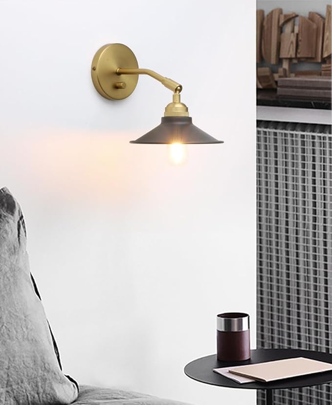 Yosoan Set of 2 Indoor Bedside Wall Sconce with On Off Switch, Hardwired Vanity Vintage Industrial Wall Mount Light, 340 Degree Angle with 7.1" Matte Black Shade for Reading Bedroom (Black-Antique)