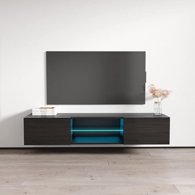 Meble Furniture Fly Type-33 Floating TV Stand - Rectangular Shape Modern High Gloss TV Stand with Storage Cabinets & Led Lights - Media Entertainment Center Console Table for TV Up to 70" - Black