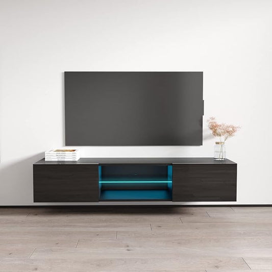 Meble Furniture Fly Type-33 Floating TV Stand - Rectangular Shape Modern High Gloss TV Stand with Storage Cabinets & Led Lights - Media Entertainment Center Console Table for TV Up to 70" - Black