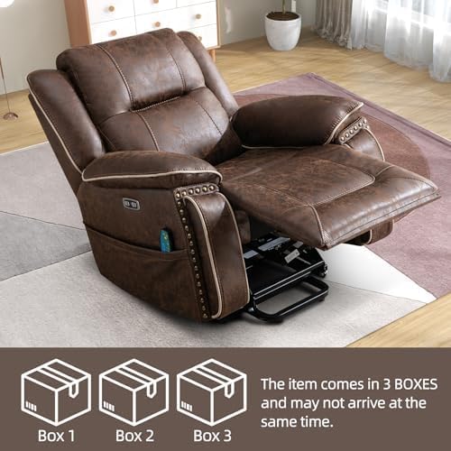 Phoenix Home Dual Motor Power Lift Chair for Elderly, Lift Chairs with Massage and Heat, Leather Electric Chairs for Adults, Recliner Chair with USB, 2 Concealed Cup Holders, Brown