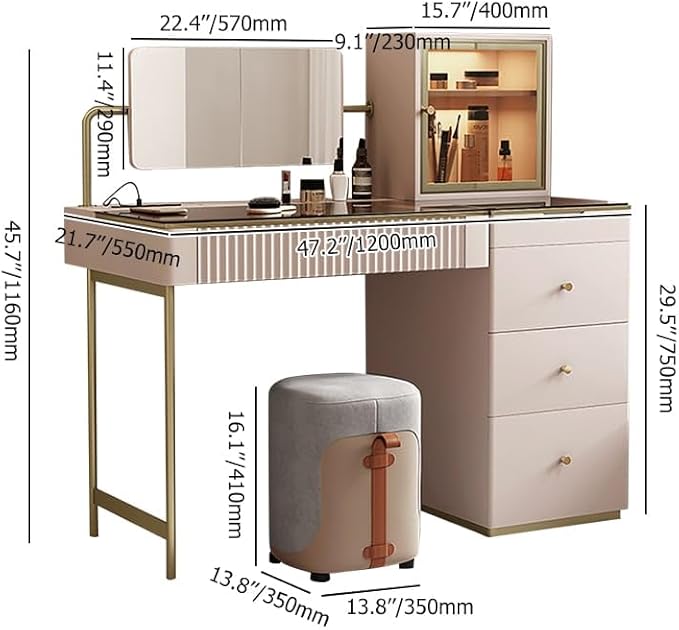 homary Modern Makeup Vanity Set with Charging Station, Makeup Table with 5 Drawers, Jewelry Storage, Vanity Desk with Foldable Mirror, Dressing Table with Stool for Bedroom (Champagne)