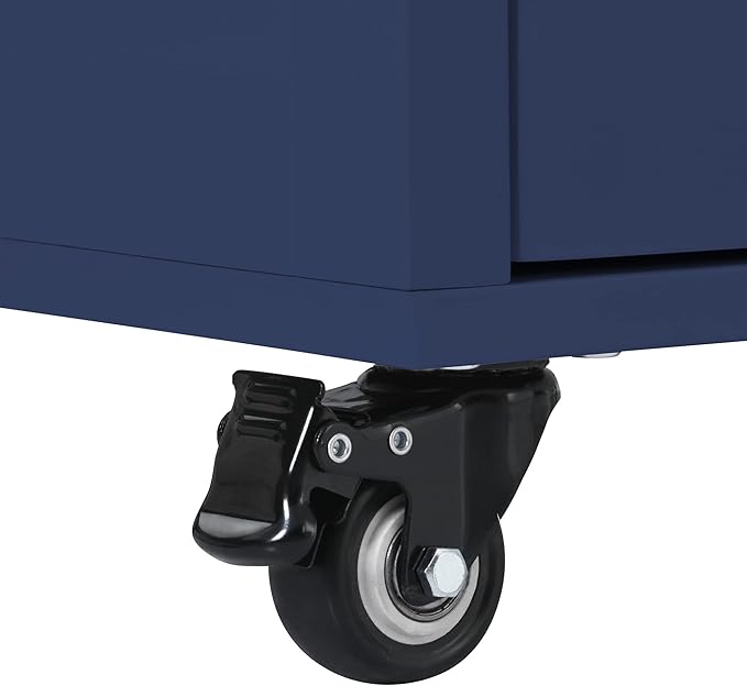 53 Inch Width/18.5 Inch Depth Kitchen Cart with Rubberwood Countertop on 5 Wheels, Rolling Kithcen Island with Storage Cabinet & 8 Handle-Free Drawers & Adjustable Shelf for Kitchen, Dark Blue