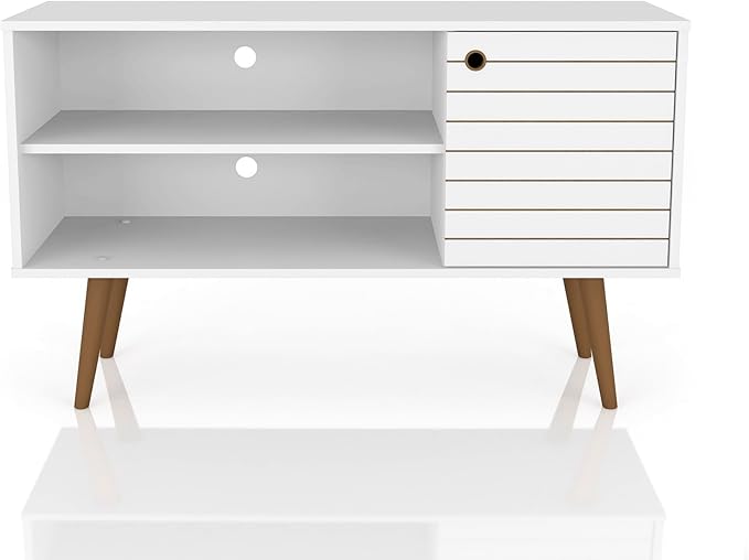 Manhattan Comfort Liberty Mid Century Modern TV Stand for Televisions up to 46 Inches, Bedroom and Living Room Entertainment Center with Storage, Shelves, and Cabinet, 43" Wide, White