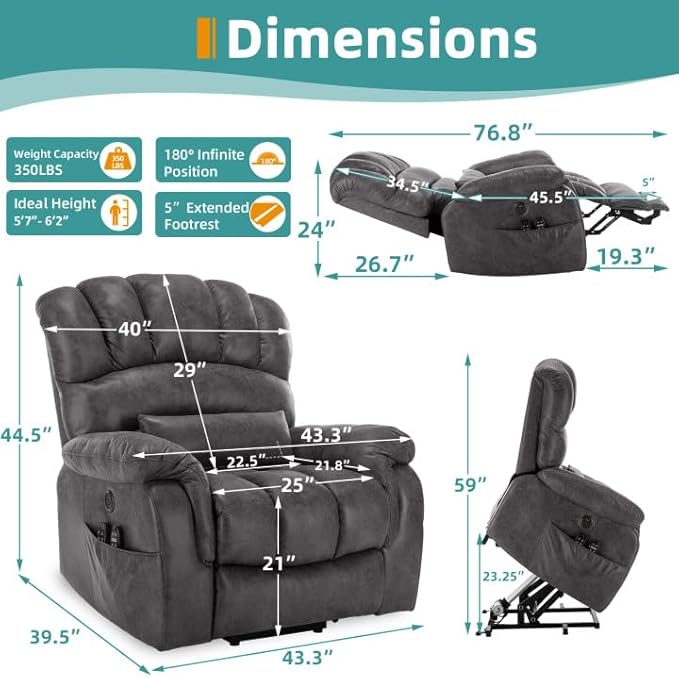 MEETWARM Oversized Dual Motor Power Lift Chair with Extended Footrest for Big Tall Elderly, Infinite Position Lay Flat Sleeper Electric Recliner, Heat Massage, Lumbar Pillow, USB & Type-C Ports, Gray