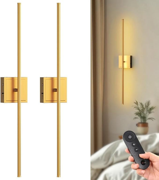 DORESshop Battery Operated Wall Sconces Set of Two with Remote Control, Rechargeable Wall Sconce, 350°Rotate Dimmable Wireless Wall Sconce for Living Room, Hallway, Bedroom, 31.6 Inch, Gold(2 Pack)