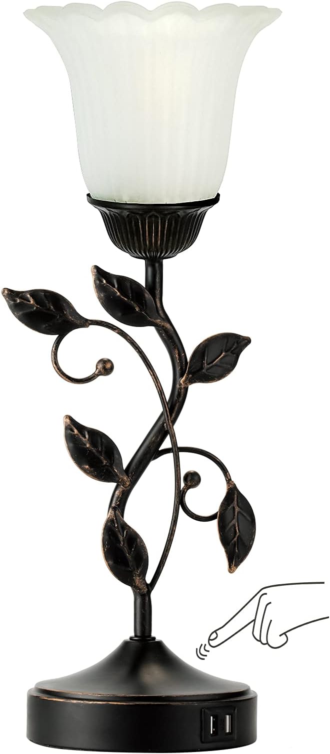 RORIANO Touch Bedside Lamp with 2 USB Charging Ports, 3-Way Dimmable Nightstand Lamps, White Glass Shade Vintage Rural Leaf Lamp for Living Room Tabletop Bedroom Side Table, LED Bulb Included