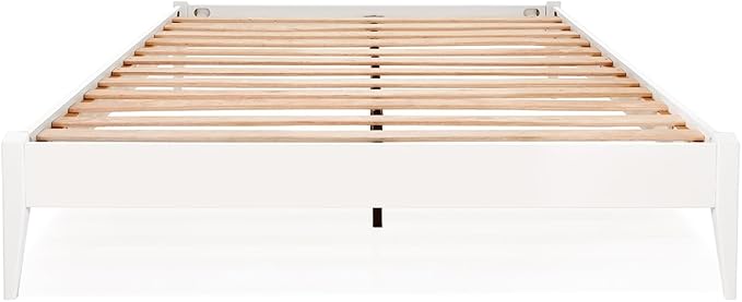Bme Dinkee Signature Ivory White Queen Bed Frame Without Headboard - Modern & Minimalist Style with Acacia Wood - 12 Strong Wood Slat Support - Easy Assembly - No Box Spring Needed