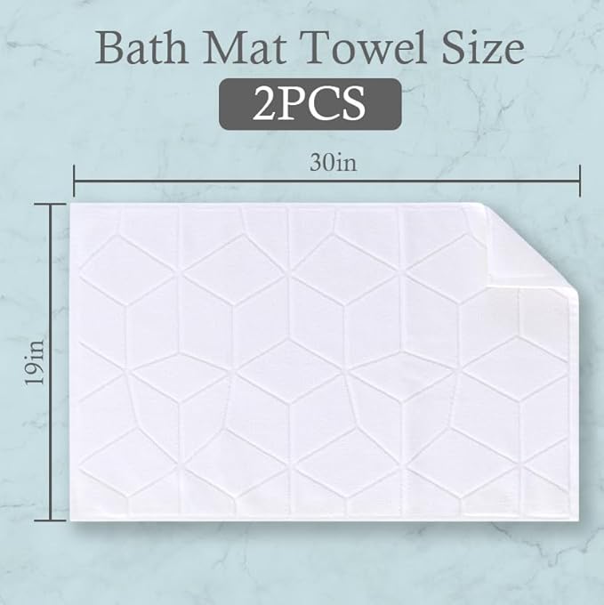 Thick Bath Mat Set – 2PC 19"x30" | 1100GSM | Hotel Quality |100% Cotton, Washable Bath Floor Towels, Soft & Absorbent, Foot Towels for Bathroom, White Bathroom Terry Cloth Bathmat [Not Bath Rug]