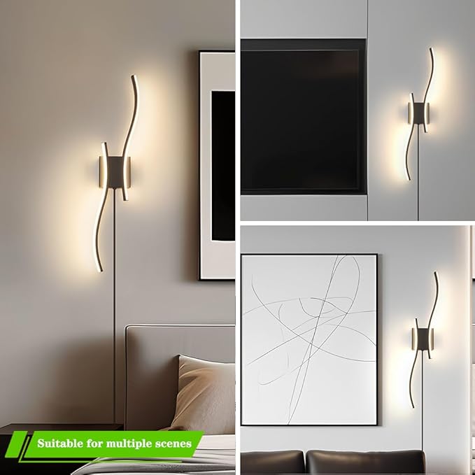Modern Plug in Wall Sconce Set of 2, Black Dimmable LED Wall Light with Remote Control, 3CCT Adjustable & Memory Function, Timer, Plug in Cord Wall Lamp for TV Wall Living Room Hallway Bedroom