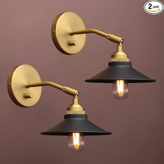 Yosoan Set of 2 Indoor Bedside Wall Sconce with On Off Switch, Hardwired Vanity Vintage Industrial Wall Mount Light, 340 Degree Angle with 7.1" Matte Black Shade for Reading Bedroom (Black-Antique)