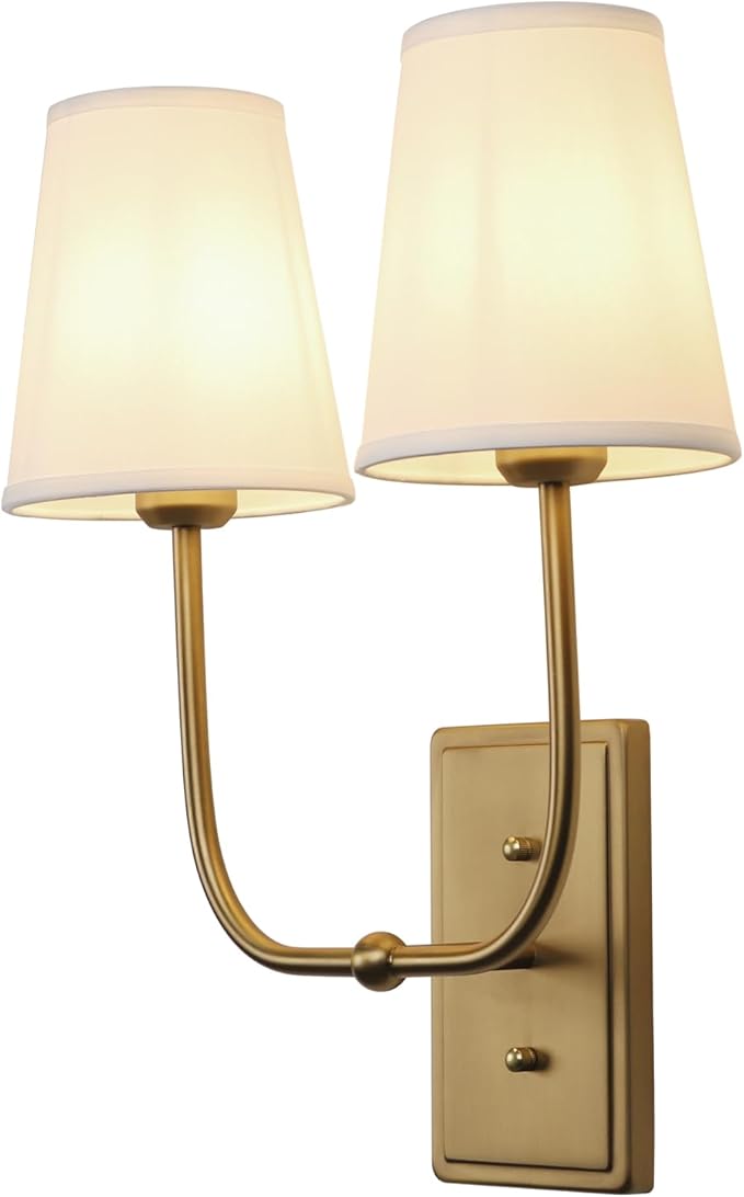Vintage 2-Lights Wall Sconces with Funnel White Fabric Shades, Double Head Bathroom Vanity Lights Fixture, Indoor Wall Lamps for Bedroom Living Room Hallway Stairway