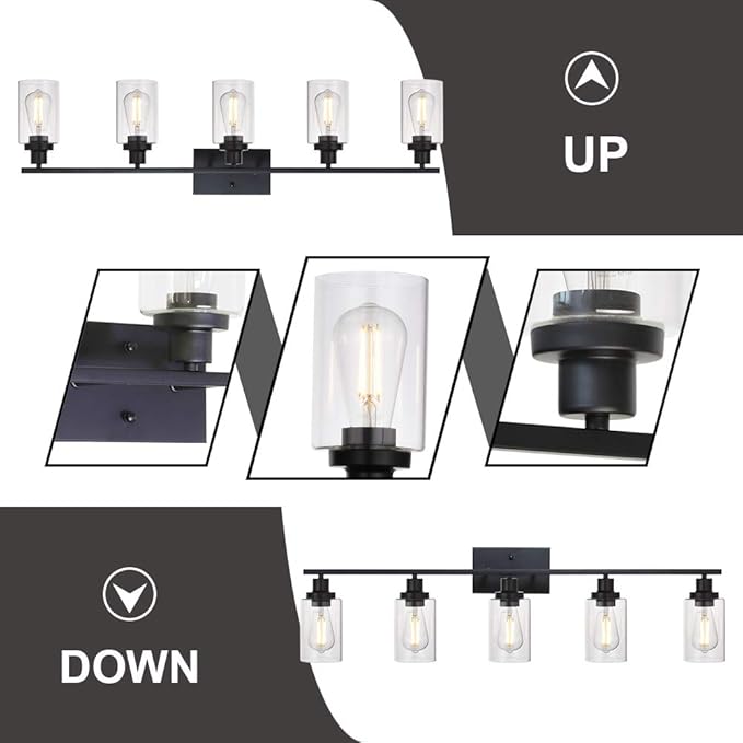 MELUCEE 40 Inches Length 5-Light Bathroom Vanity Light Fixtures Black Industrial Wall Sconce Lighting with Clear Glass Shade for Living Room Bedroom Hallway Kitchen (Patent No.: US D963914 S)