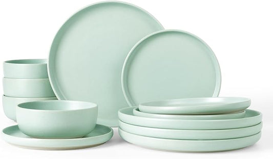 Famiware Milkyway Plates and Bowls Sets, 12 Pieces Dinnerware Sets, Reactive Glaze Dish Set, Stoneware Dishes Set for 4, Light Green
