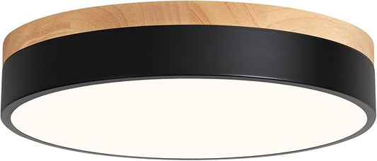 Modern Dimmable LED Close to Ceiling Light Minimalist Wood Oak Flush Mount Ceiling Light Fixture Circle Lighting for Bedroom Kitchen Bathroom Laundry Room (Black, 11.8'')