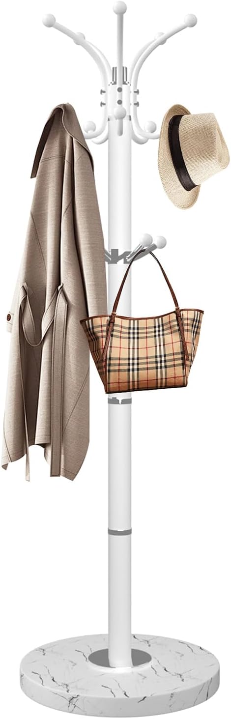 Metal Coat Rack with Natural Marble Base,360°Rotary Coat Rack Stand with 14 Hooks,Modern Freestanging Coat Racks for Entryway,Office,White Coat Jacket Hanger Tree Stand for Coats, Scarves