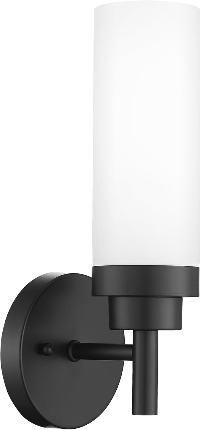 Emak 13 Inch Black Bathroom Light Fixtures, Modern Wall Sconce with Milk Glass Shade, Farmhouse Wall Lamp for Bathroom, Mirror, Hallway, Bedroom, WS085-BK-ML