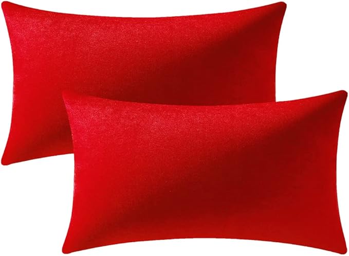 DEZENE Throw Pillow Covers 12x20 Red: 2 Pack Cozy Soft Velvet Rectangular Decorative Pillow Cases for Farmhouse Home Decor
