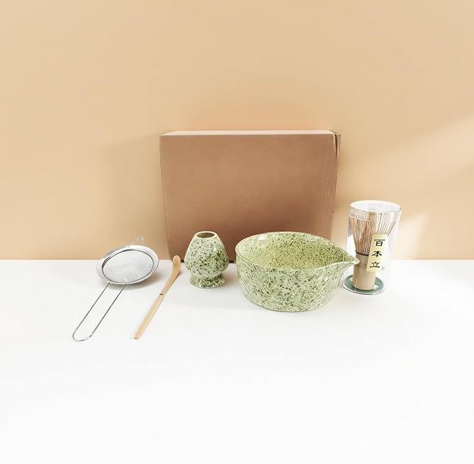 ZaH Matcha Whisk Set - Kit of 5pcs - Matcha Whisk and Bowl, Ceramics Whisk Holder, Bamboo Tea Scoop, Sifter (Light Green)
